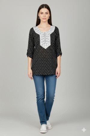 Midnight Leaf Short Kurti Black