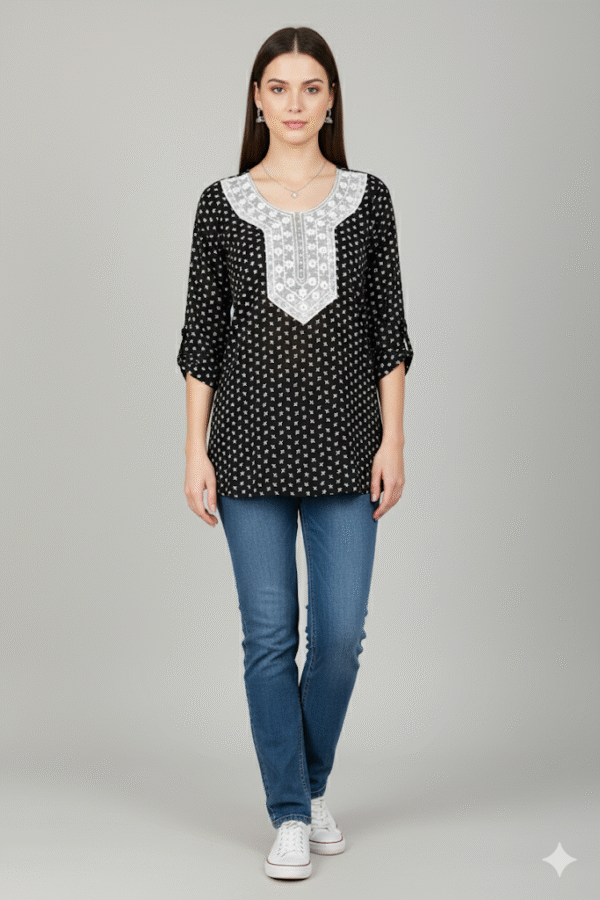 Midnight Leaf Short Kurti Black
