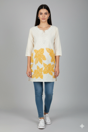 Classic Creme Blossom Kurti Top – Women’s Ethnic Wear